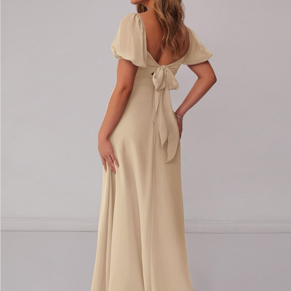 Azazie Champagne Back-Tie Flutter Sleeve Wedding Dress